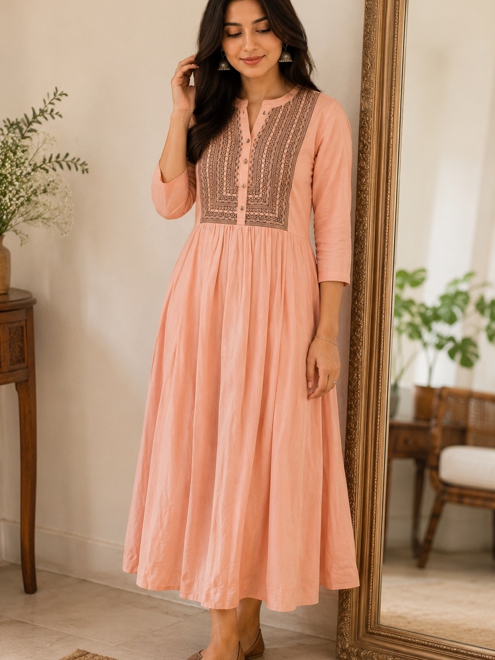 Peach Embroidered Cotton Maxi Dress - Women